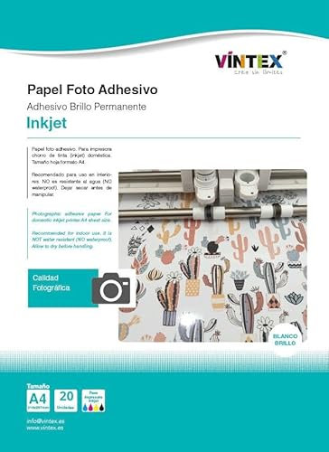 VINTEX - Papel Foto Adhesivo Blanco Brillo Injket 20 Hojas - Formato A4 - para Imprimir Fotos - Papel Adhesivo de Calidad Fotgráfica - con Acabado Brillante - Potencia Color y Resolución