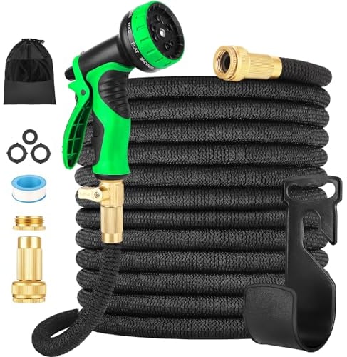 Garden Hose, Upgraded 4-Layer Latex Hose Pipe, 100FT Expandable Garden Hose with 10 Function Nozzle, 3/4 1/2 Brass Connectors, Leak-Proof Flexible Hose Pipe for Gardening, Car Washing(Black)