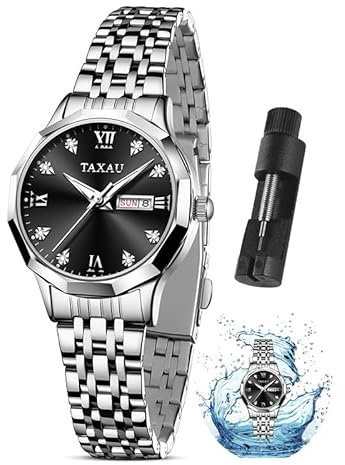 Taxau Uhr Frauen Silber Luxus Schwarzes Gesicht mit Datum Tag Edelstahl Uhren Frauen Kleid Uhr Römische Uhren für Damen wasserdichte Analog Quarz Damenuhren Klassische