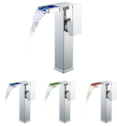 Wasserhahn Bad LED(keine Batterie erforderlich), KEOKBON Hoch Wasserfall Waschtischarmatur Armaturen mit Auslaufhöhe von 226 MM High, Einhebelmischer Mischbatterie für Waschbecken im Bad, Chrom