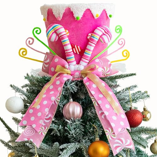 Christmas Tree Topper Hat, Candy Canes Tree Topper, Pink Tree Topper Christmas Decorations with Bow Ribbon Christmas Tree Ornaments for Home Decor