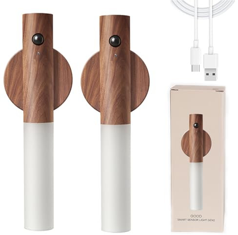 Motion Sensor Night Light Portable Battery Lamp Removable Magnetic Wireless Wall Lights indoor Rechargeable Wall Lamp Bedroom Corridor Staircase Automatic Sensing Lamp(Walnut wood 2PS)