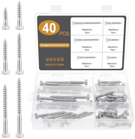 Gueenky 40 Stück Sechskant Holzschrauben, M8 x 30-90mm Schlüsselschrauben Wiener Schrauben Edelstahl 304, DIN 571 holzschrauben Sechskantkopf, 6 Größen