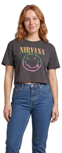 Nirvana Grå beskuren kortärmad t-shirt för kvinnor | Regnbågslogotyp grafisk magtröja | Grunge Band vintage kläder | damer musik varor present