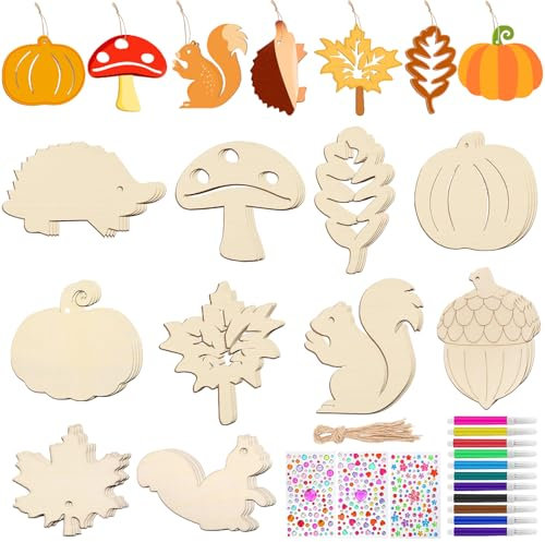 IWTBNOA Holz Deko Hänger Herbst, 95 Stück Herbst Basteln Kinder, Herbst Holz Anhänger Deko, DIY Herbstdeko Innen Draußen zum Aufhängen, Bunte Herbstdeko Fenster, Deko Herbst Baumschmuck