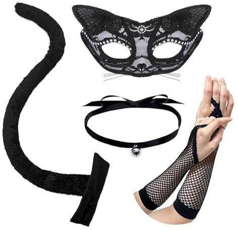 XehCaol Katzenmaske Catwoman Halbes Gesicht Katzenmaske Kunstpelz Schwanz Karneval Maske Fancy Dress Kostüm Sexy Outfit für Frauen Halloween Maskerade Maske (Schwarz)