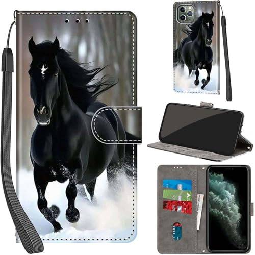PHINIENLAND Wallet Flip Case for iPhone 11 Pro Leather Black Horse | 3 Card Slots & 1 Cash Pocket, Magnetic Closure, Kickstand, Premium PU Leather flip cover for iPhone 11 Pro