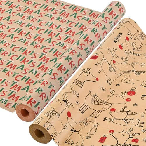 AhfuLife 2 Rouleau Kraft Papier Cadeau Noël, 43cm×15m Recyclable Papier Emballage Cadeaux Noel avec Motifs Fins pour Enfant Emballage des Cadeaux, Décor de Noël (M:Wapiti/Merry Christmas)