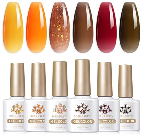 BORN PRETTY Jelly Gel Nail Polish Crystal Translucent Gel Polish 6 Colours Set Dark Red Brown Sheer Colors for Salon Manicure and Nail Art DIY at Home