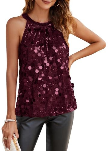 Damen Loose Fit Tops Pailletten Oberteil Bluse Casual Rundhals Tank Top T-Shirt Dunkelrot S