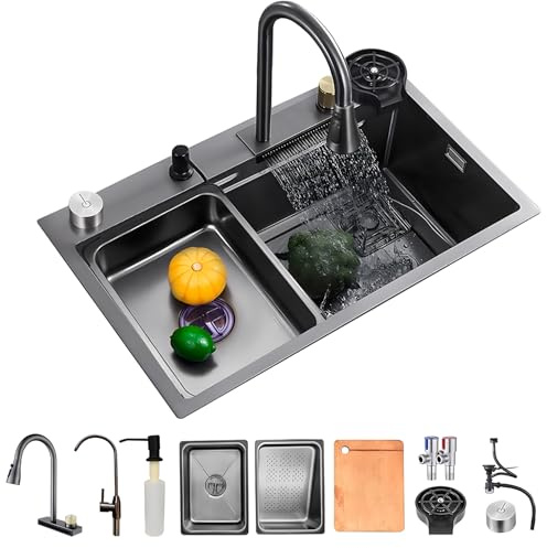 KOOGIMDDR Fregadero de cocina de 85 x 45 cm para el lugar de trabajo con grifo de cascada, fregadero de bar de acero inoxidable, para uso doméstico, lavaplatos de vasos, escurridor y accesorios