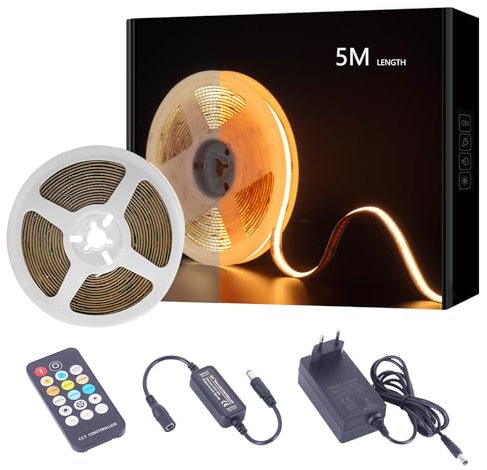 JBdusn 24V COB LED Streifen CCT, 5m Abstimmbar Warmweiß Kaltweiß LED Strip light Set, Dimmbar 576LEDs/m LED Band CRI 90+ Hohe Helligkeit 2700K-6500K LED Lichtband mit RF Fernbedienung und Netzteil