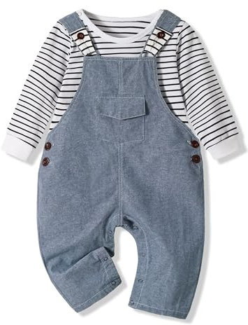 Volunboy Vestito Completi Bambino, Unisex Set di 2 Maglietta a Maniche Lunga e Salopette Dinosauro Carino Abito Neonato Tuta (Denim, 9-12 mesi, Taglia 73)