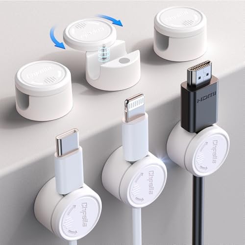 6 Pack Cable Tidy Clips, Chfeila [360°Rotating & Twist-Lock] Magnetic Cable Management, Self Adhesive Phone Charger Wire Organiser, Cord Holder for USB/HDMI/PC/Car/Wall - Home, Office Desk Accessories