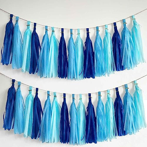 15 Stück Blau Quaste Girlande，Seidenpapier Tassel Girlande für Baby Dusche Deko,Geburtstag,Hochzeit Party Dekoration