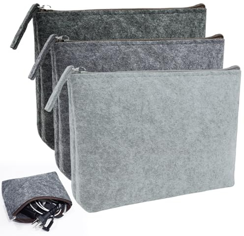 Trousse Maquillage Femme en Feutre 20x16cm Petite Trousse de Toilette Voyage Organisateur de Sac à Main Pochette Cosmétique Zippée pour Pinceaux Maquillage Accessoires Électroniques Gris et Noir