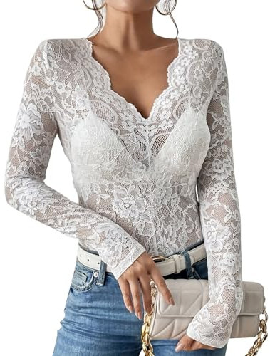 Top Encaje Mujer Elegantes Camiseta Rejilla Mujer Blusas De Mujer Elegantes Cuello en V Mangas Largas Camiseta Algodon Ropa De Mujer Rebajas Hoy Oferta Flash 1#Blanco L
