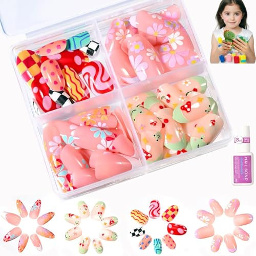 96Pcs Girls Press on Nails - Cute Almond Fake Nails with Flower Cherry Patterns, Stick on Nails, Full Cover DIY Manicure Decoration for Girls