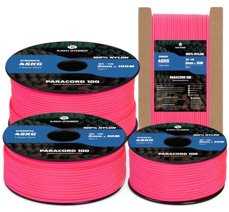 Kamu Synber 2mm Paracord 30M 100% Nylon Rope 1 Strand Type I Parachute Cord for Crafting, Outdoor, DIY, Camping | Support 45kg | Neon Pink