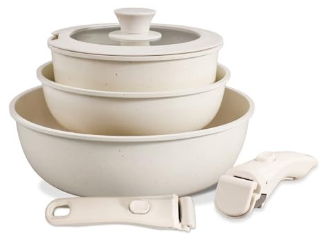 Zalnuuk Set di 6 pentole e padelle antiaderenti, set di pentole da cucina antiaderenti, manico rimovibile/rimovibile, set da cucina per camper a induzione, adatto al forno, bianco crema