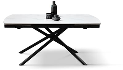 PAZZO DESIGN Ausziehbarer Tisch Geremia, weiße Keramikplatte, schwarze röhrenförmige Metallbeine, Küche, Wohnzimmer, Keramik, 140 x 90 x 75 cm - id_2209