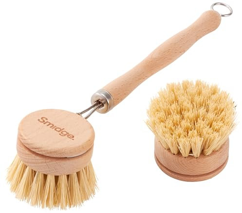 Smidge Natural Beechwood Dish Brush Set, Wooden Dish Brushes for Washing Up, Includes One Cleaning Wand with Head and One Spare Head