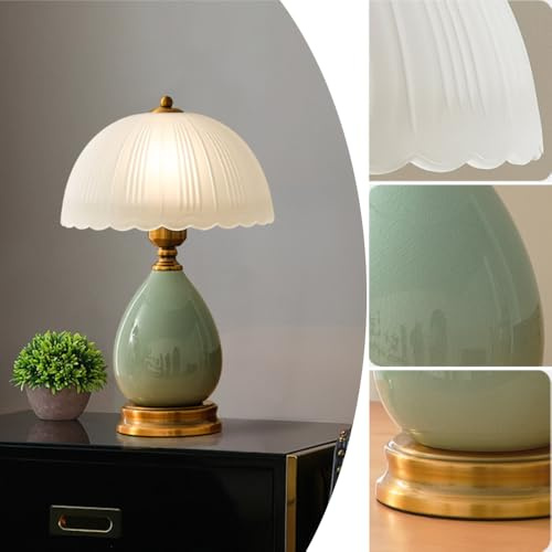 XINYASEE Lampe de chevet avec boîte à chapeau en verre et base en céramique, lampe de table avec interrupteur, lumière réglable en trois couleurs, surface lumineuse blanche, 25x40 cm (Vert clair)