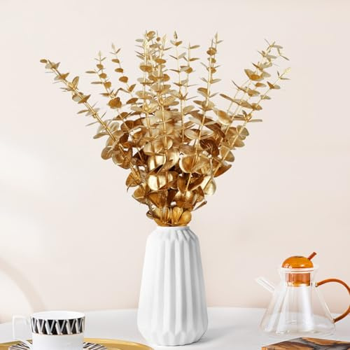 TILONKJ 24 Stück Goldene Zweige Deko, Gold Artificial Flowers, Eukalyptusstiel Kunstpflanzen Künstlich Eukalyptusbäume Silberdollar Gefälschte Pflanze für Hochzeiten Gärten