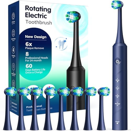Rotating Electric Toothbrush for Adults, 8 Brush Heads, 60-Day, Blue