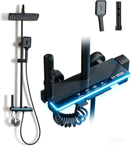 Colonne de Douche Titane avec Tête Carrée DEWINNER,Colonne de Douche 4 Modes et Hauteur Réglable75-110CM, Affichage LED,Tête de Douche, Jet, Robinet et Pommeau de Douche (Noir)