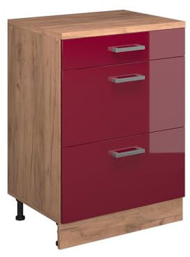 Vicco Erweiterungskommode Rion, Rot Hochglanz/Eiche, 60 x 46 cm | ohne Schräge mit 3 Schubladen, kombinierbar mit Rion Dachschrägenschränken und Schrankmodulen