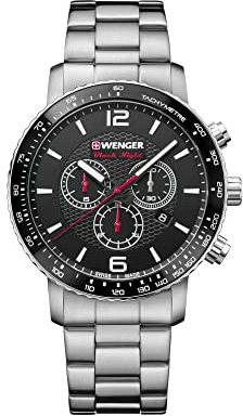 Wenger Herren Armbanduhr Roadster Black Night Ø 45mm, Swiss Made, Analog Quarz, Wasserdicht bis 100m, Edelstahl Armband, Schwarz/Silber, 01.1843.103