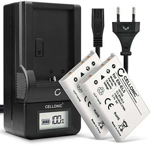 CELLONIC, Batterie pour Caméra, Compatible avec Nikon en-EL5, Coolpix P520, P500, P510, P100 (3.7V, 1180mAh) 2 Pièces + Chargeur