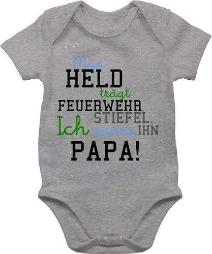 Baby Body Mädchen - Mein Held Papa Feuerwehr Junge - 6/12 Monate - Grau meliert - babykleidung baby+feuerwehr+strampler feuerwehrmann männertag strampler outfit feuerwehrgeschenkartikel herrentag
