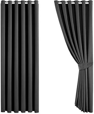 Aspire Homeware Blackout Curtains 90x90 Grey Eyelet Curtains for Bedroom - Thermal Insulated Ring Top Soft Living Room Curtain, 2 Panels + Matching Tiebacks