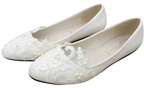 Fenical Spitze Hochzeit Schuhe Spitze Perle Blume Hochzeit Braut flache Schuhe für Frauen 1 Paar Größe 40 weiß