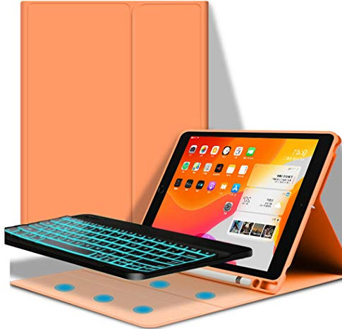 YGoal Keyboard Case for iPad 10.2 2019, 7 Colors Backlit Detachable Wireless Keyboard PU Leather Keyboard Stand Case Cover for iPad 10.2 2019 (Orange)