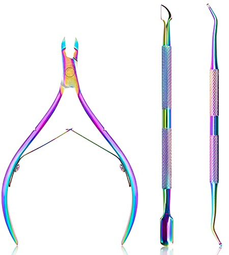 Pinces à Cuticules avec Poussoir à Cuticules et Lève-Clous, Coupe-Cuticules Acier Inoxydable Tondeuse à Cuticules Ciseaux de Peau Morte Outils de Manucure Pédicure pour Ongles et Orteils Coloré