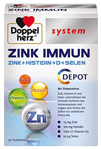 Doppelherz system Zink Immun Depot – Zink, Vitamin D und Selen unterstützen die normale Funktion des Immunsystems – 30 Tabletten