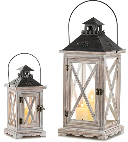 Sziqiqi 28cm & 48cm Laterne Kerzenhalter Vintage Windlicht Laterne Holz Metall Dekorative Windlichthalter für Draußen Rustikale Hochzeit Herzstück Hängende Laterne Bauernhaus Innen Außenlaterne Dekor