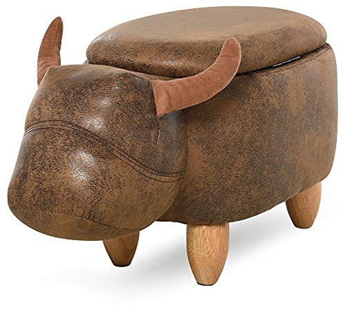 HOMCOM Tabouret Vache - Pouf Vachette - Pouf Taureau Coffre de Rangement 2 en 1 - Pieds Bois d'hévéa revêtement synthétique Aspect Daim Vieilli Marron