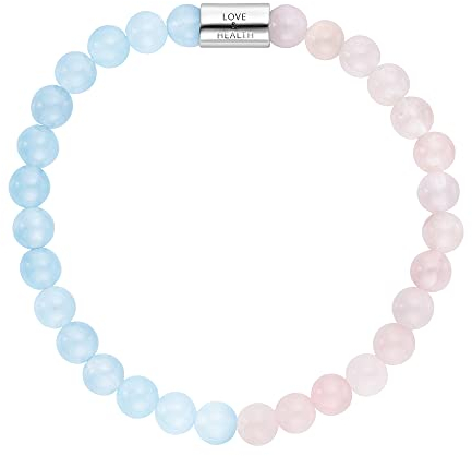Engelsrufer Bracciale da donna elasticizzato in argento sterling con 28 vere pietre preziose, quarzo rosa e agata blu, incisione Love & Health, senza nichel, taglia: S, 17 cm, Argento sterling,