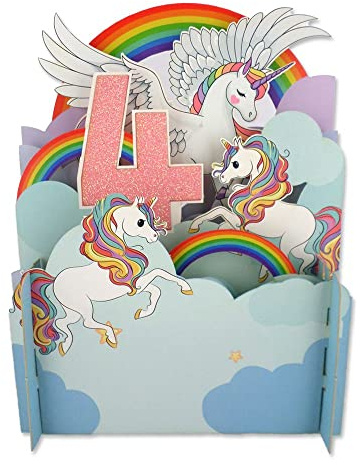 Alljoy Design Girls 4th Birthday Flying Unicorn 3D Pop Up Birthday Greeting Card by Alljoy Cards APOP007