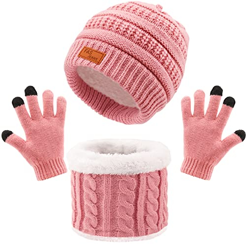 Winter Strickmütze Mütze Schal Handschuhe Set 3 in 1, Verdicken Thermisch Strickmütze Mütze, Schal, Touchscreen Handschuhe Sets, Winterzubehör-Sets Geschenke für Kinder im Freien (A2-10Leder Rosa, L)