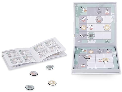 mamabrum, Jeu de Voyage magnétique - Sudoku pour Enfants, boîtes et pièces de Jeu magnétiques, 15 Cartes de société Recto-Verso, 9 pièces de Jeu magnétiques Animaux Jeu de société Sudoku