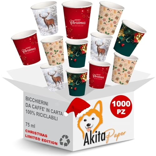 AKITAInk Bicchieri caffe carta - 1000 PZ - 75 ml, bicchieri caffè monouso usa e getta, biodegradabili, bicchieri natale per Feste Motivo Invernale, Natalizi addobbi, Asporto Bevande Calde