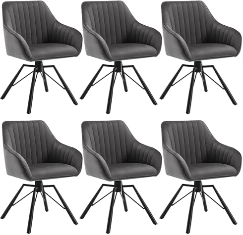 WOLTU Esszimmerstühle drehbar 6er Set, Samt Stuhl Esszimmer, Sessel Wohnzimmer, Drehstuhl, Küchenstuhl, Polsterstuhl mit Armlehnen, Loungesessel ergonomisch, Dunkelgrau, EZS12dgr-6