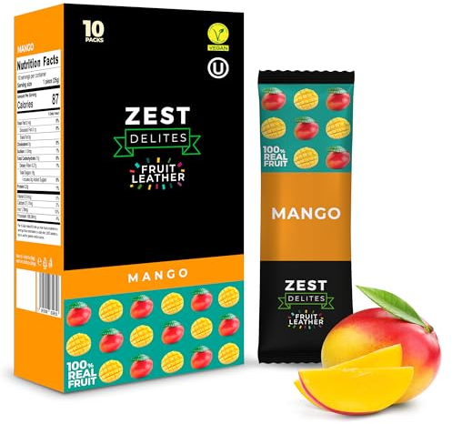 Dried Mango Bars by Zest Delites, Fruit Leather, Fruit Snacks, Healthy Snacks for Adults, Lavashak, Vegan, Healthy Sweets, Apple-Based Mango Strips, 25g x 10