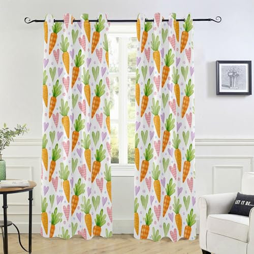 Easter Watercolor Carrots Hearts White Blackout Curtains 84 inches Black Out Window Cover for Bedroom Living Room Vertical Blinds Bay Window Curtains Decor Cortinas para Ventanas De Cocina