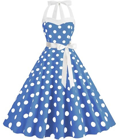 maxToonrain Dresses for Women UK Long Sleeve,Womens 1950s 80s 70s 90s Fancy Dress A Line Spaghetti Strap Polka Dot Midi Party Dress Halloween Costumes for Adults Ladies(A-Might Blue,S)